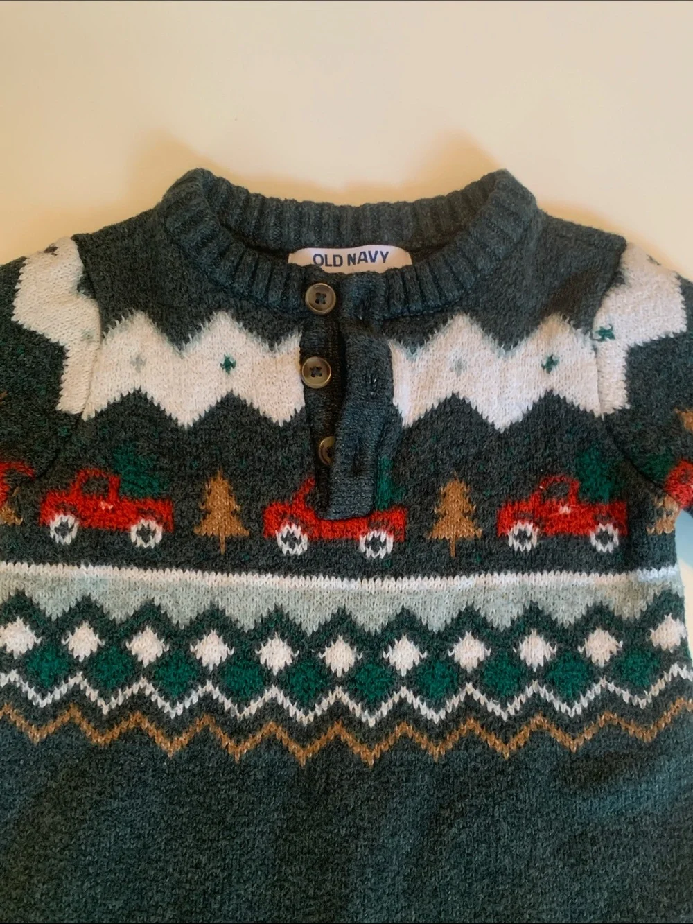 Old Navy Dark Green Fair Isle Knit  Romper with Red & White Accents Size 12-18M